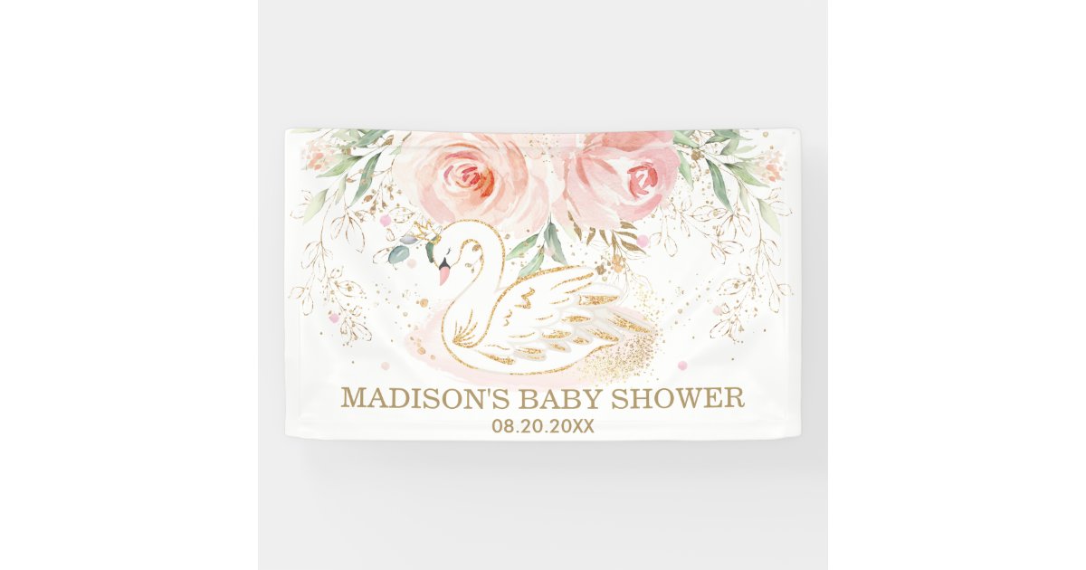 Pink Floral Swan Baby Shower Birthday Backdrop Banner | Zazzle