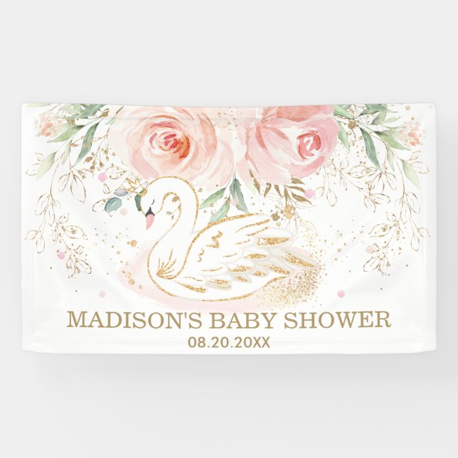 Pink Floral Swan Baby Shower Birthday Backdrop  Banner (Horizontal)