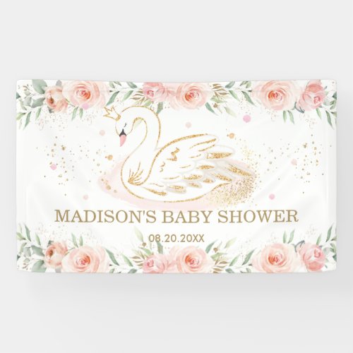 Pink Floral Swan Baby Shower Birthday Backdrop  Banner
