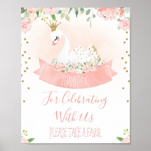 Pink Floral Swan Princes Birthday Party Sign