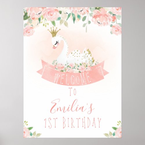 Pink Floral Swan Princes Birthday Welcome Sign