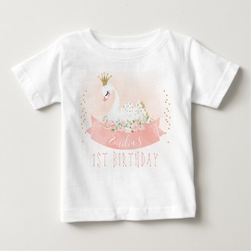 Pink Floral Swan Princess 1st Birthday T_Shirt