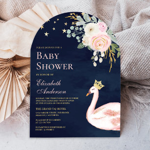 Pink Floral Swan Princess Arch Navy Baby Shower Invitation