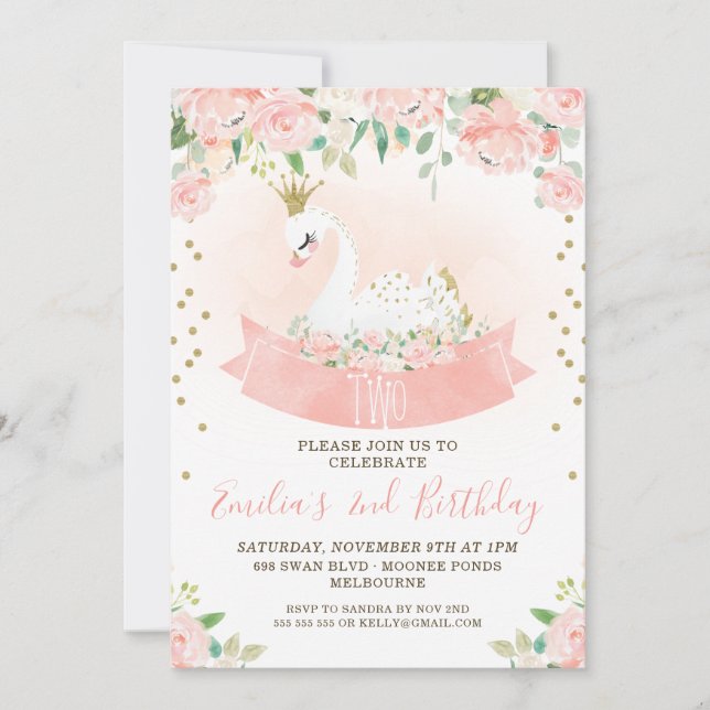 Pink Floral Swan Princess Birthday Invitation (Front)