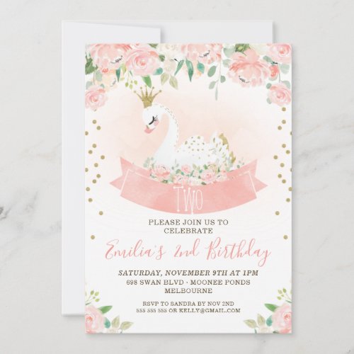 Pink Floral Swan Princess Birthday Invitation