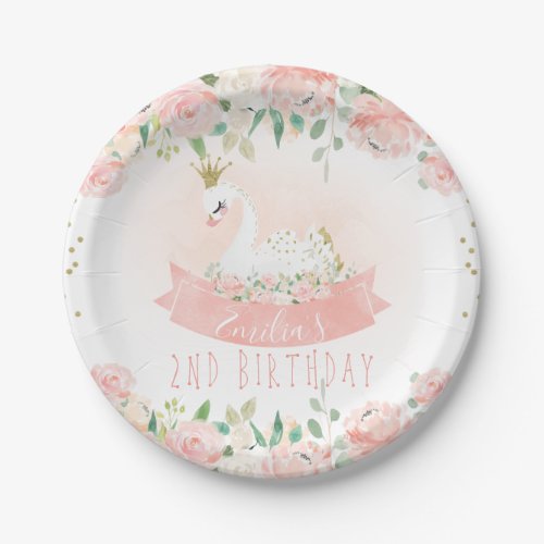 Pink Floral Swan Princess Birthday Paper Plate