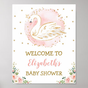 Pink Floral Swan Princess Girl Baby Shower Welcome Poster