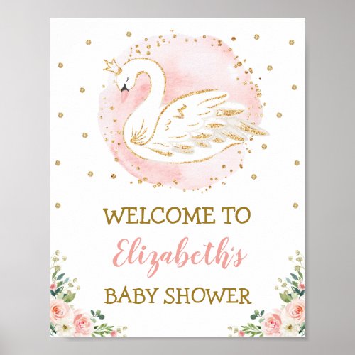 Pink Floral Swan Princess Girl Baby Shower Welcome Poster