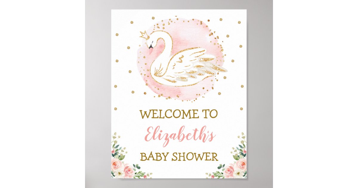 Pink Floral Swan Princess Girl Baby Shower Welcome Poster | Zazzle