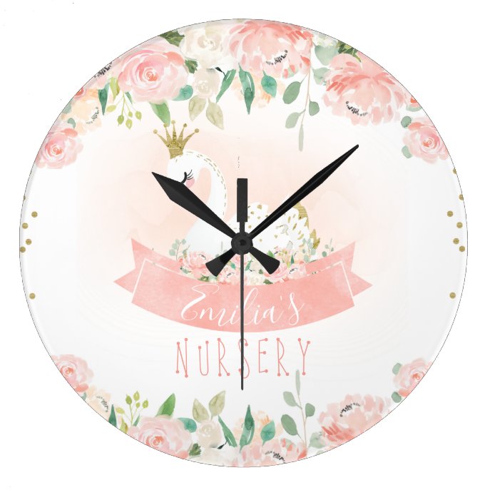 Pink Floral Swan Princess Nursery Wall Clock