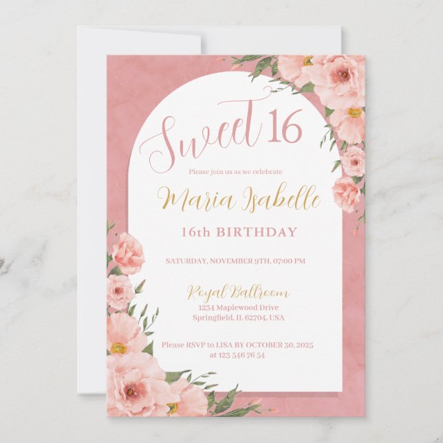 Pink Floral Sweet 16 Birthday Invitation (Front)