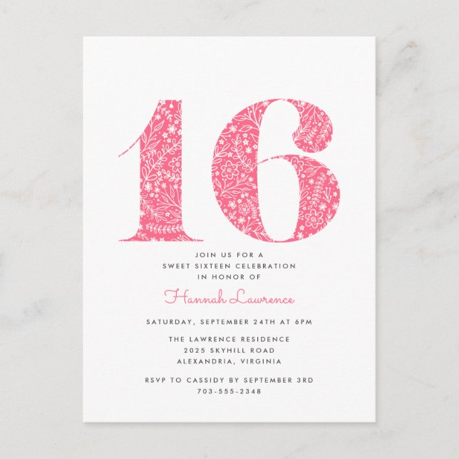 Pink Floral Sweet 16 Birthday Invitation Postcard (Front)