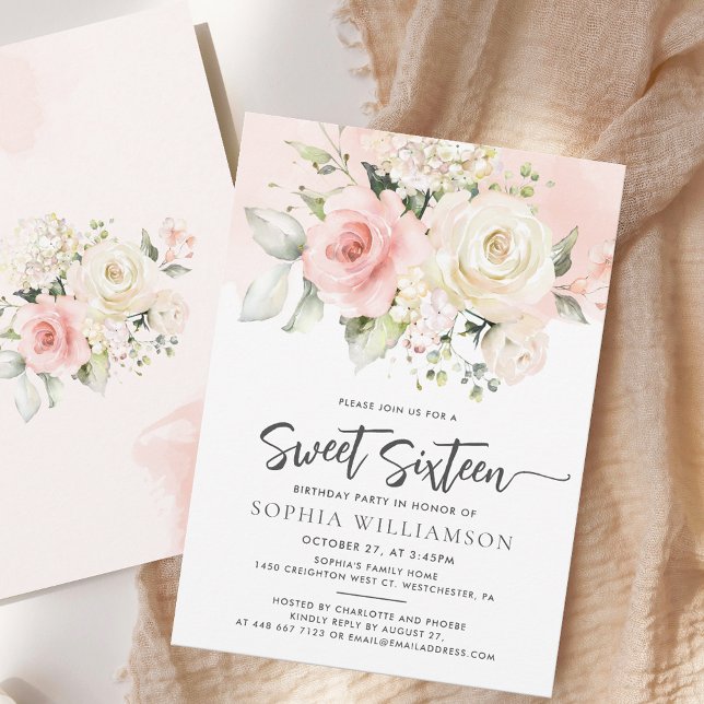 Pink Floral Sweet 16 Birthday Party Invitation (Pink Floral Sweet Sixteen Script Modern Watercolor 16th Birthday Party Invitation)