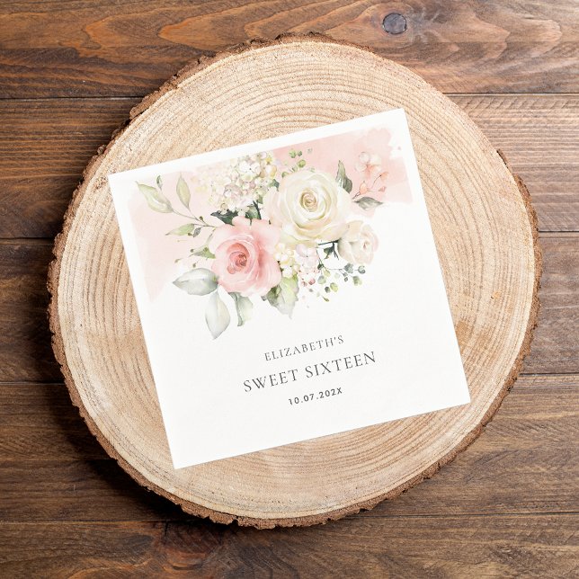Pink Floral Sweet 16 Birthday Party Paper Napkins (Pink Floral Sweet 16th Birthday Typography Paper Napkin)