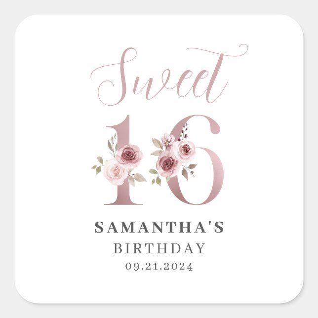 Pink Floral Sweet 16 Birthday   Square Sticker (Front)