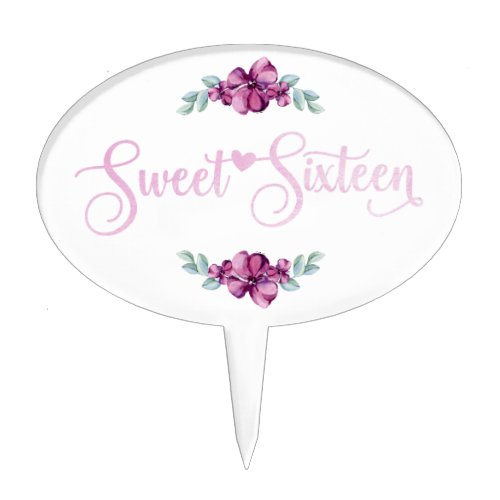 Pink Floral Sweet 16 Cake Topper