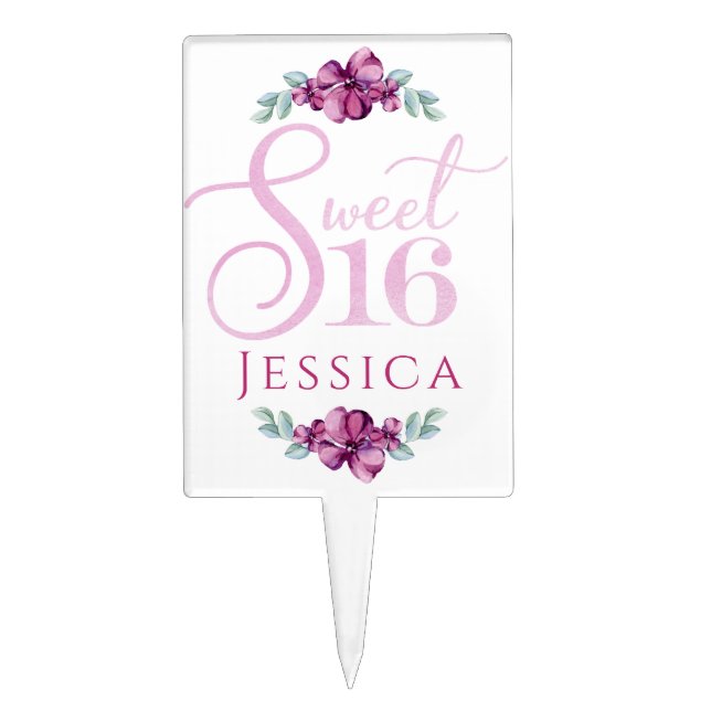 Pink Floral Sweet 16 Cake Topper (Front)