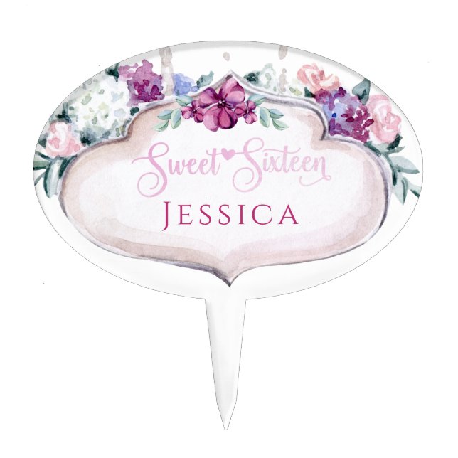 Pink Floral Sweet 16 Cake Topper (Front)