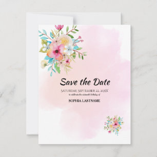 Pink Floral Sweet 16 Flat Save The Date Card
