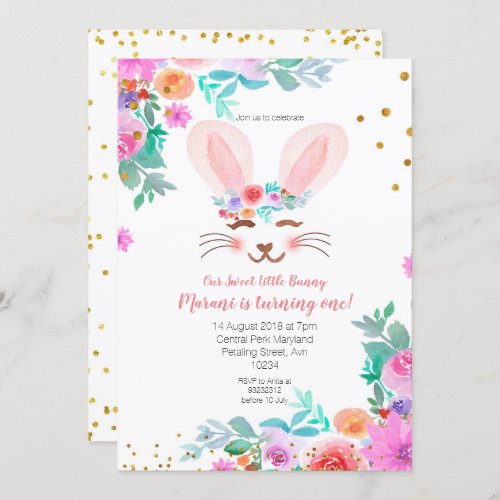 Pink Floral Sweet Bunny 1st Birthday Invitation