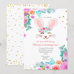 Pink Floral Sweet Bunny 1st Birthday Invitation