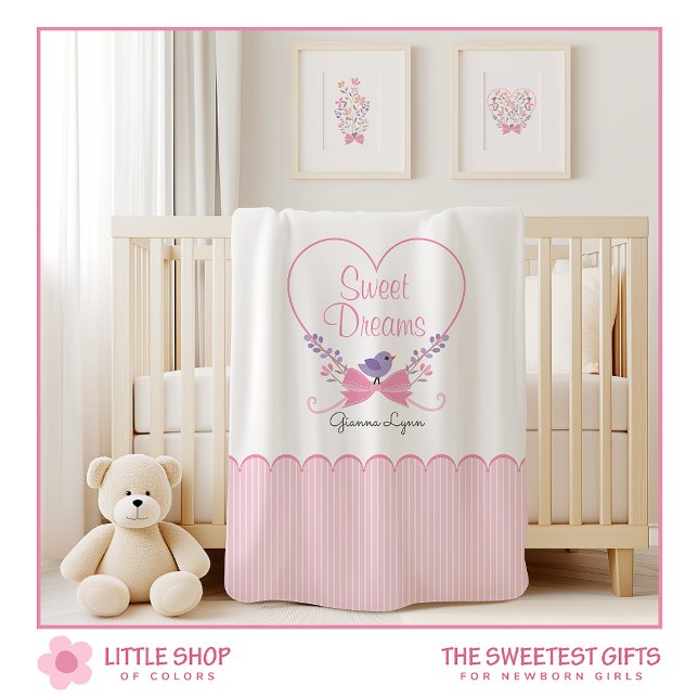Pink Floral Sweet Dreams Monogrammed Baby Blanket (Creator Uploaded)