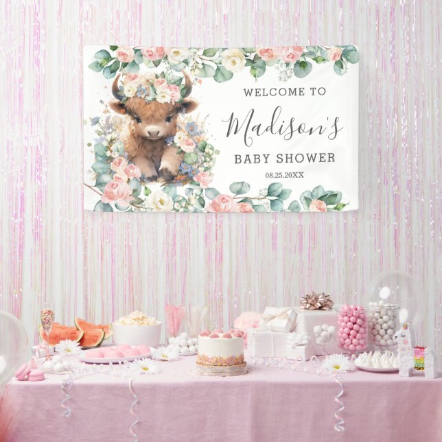 Pink Floral Sweet Highland Cow Baby Shower Welcome Banner (Party)
