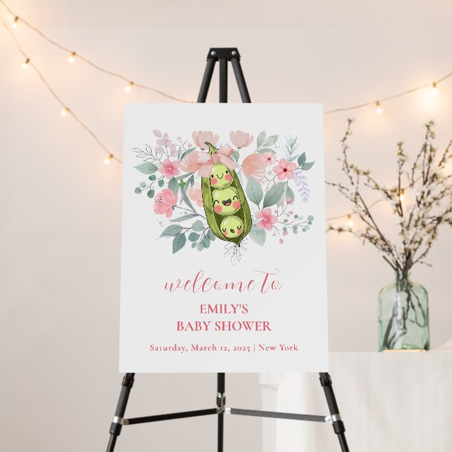 Pink Floral Sweet Pea Baby Shower Welcome Sign (In Situ (Stand))