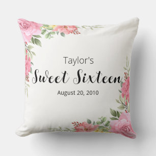 Pink Floral Sweet Sixteen Birthday Throw Pillow