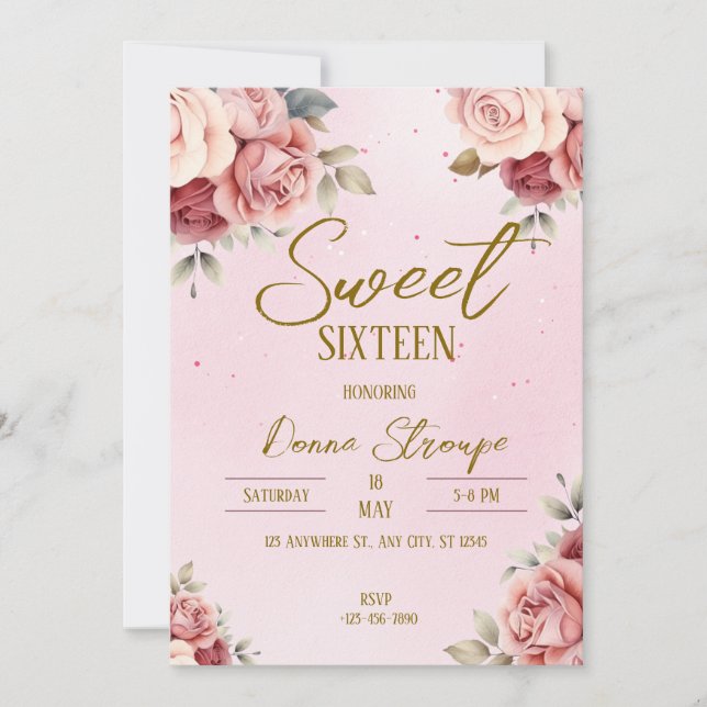 Pink Floral Sweet Sixteen Invitation (Front)