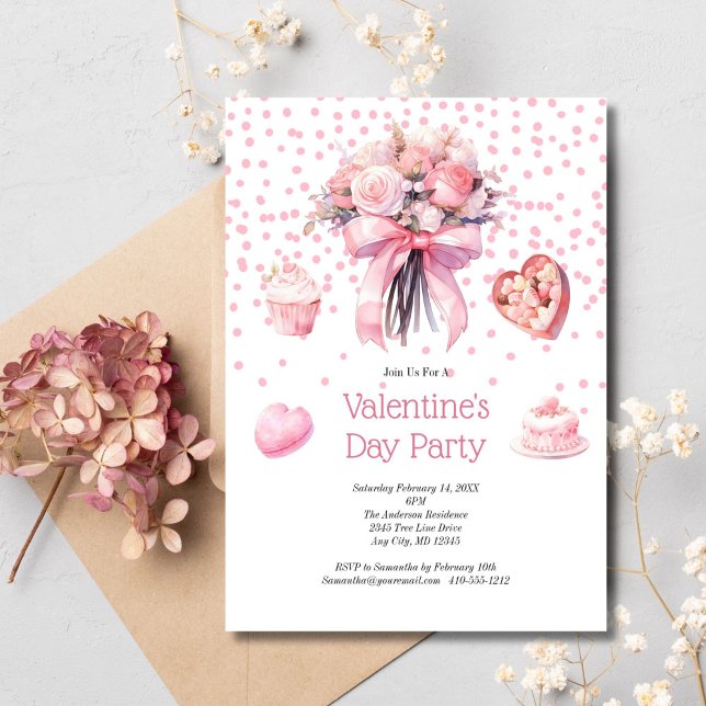 Pink Floral Sweets Valentine's Galentine's Day  Invitation (Pink Watercolor Floral and Sweets Valentine's Galentine's Day Party. Printed or Digital Invitation)
