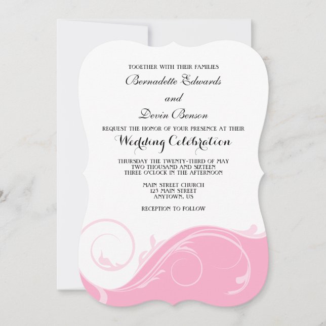 Pink Floral Swirl Bracket Wedding Invites (Front)