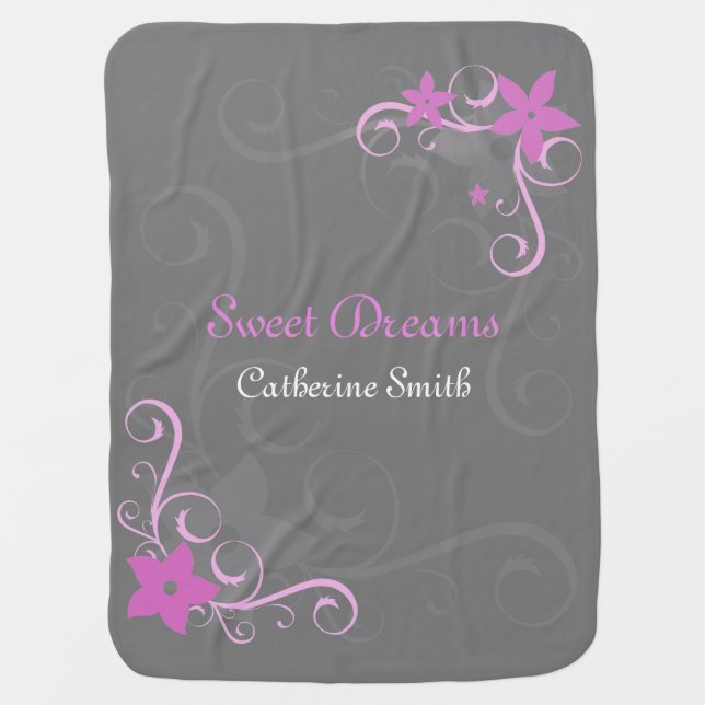 Pink floral swirl personalized baby name receiving blanket (Front)