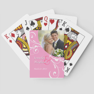 Pink Floral Swirl Wedding Photo Playing Cards