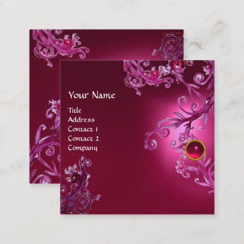 PINK FLORAL SWIRLS RED RUBY GEMSTONE MONOGRAM SQUARE BUSINESS CARD
