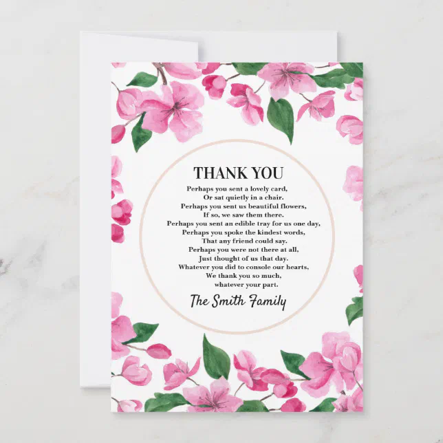 Pink Floral Sympathy Thank You Card | Zazzle