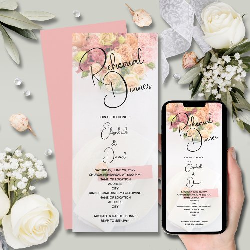 Pink Floral Table Setting Rehearsal Dinner Invitation