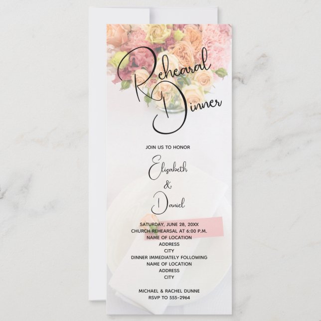 Pink Floral Table Setting Rehearsal Dinner Invitation (Front)