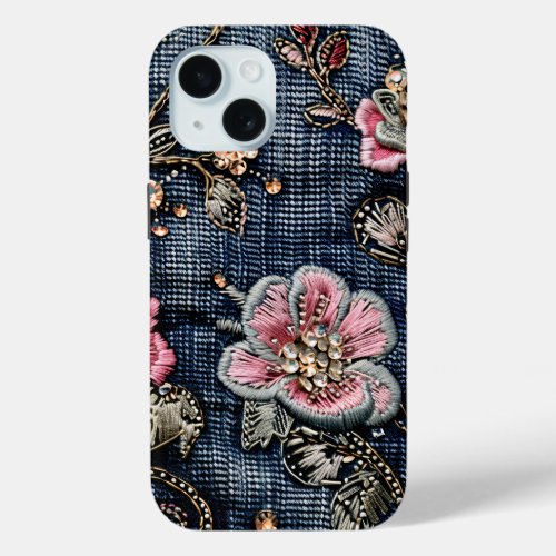 Pink Floral Tapestry on Dark Blue Denim iPhone 15 Case