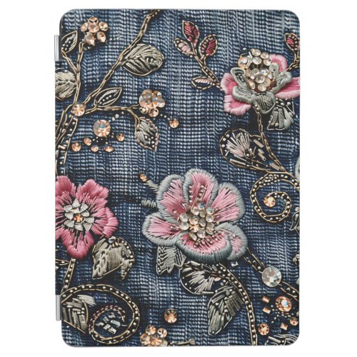 Pink Floral Tapestry on Dark Blue Denim iPad Air Cover