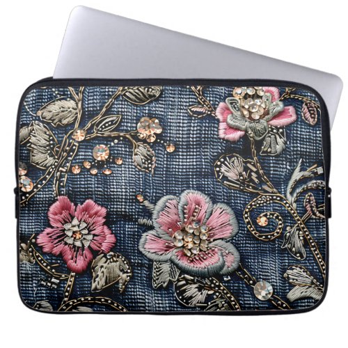 Pink Floral Tapestry on Dark Blue Denim Laptop Sleeve