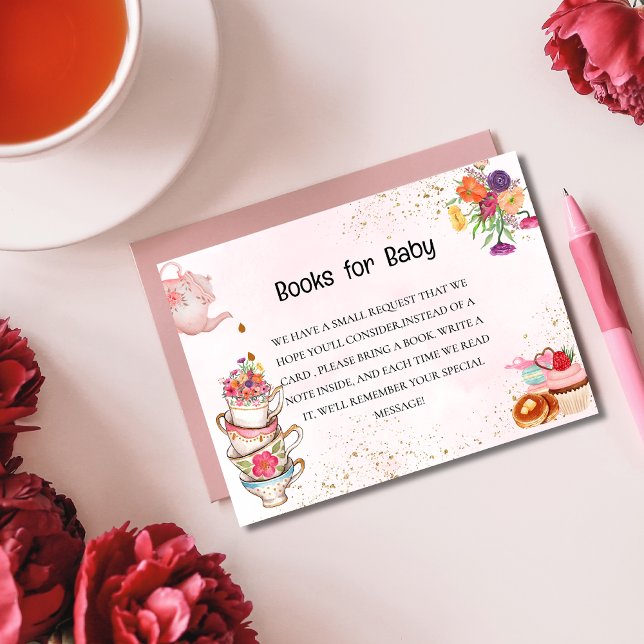 Pink Floral tea Baby is Brewing baby shower book Enclosure Card (Creator Uploaded)