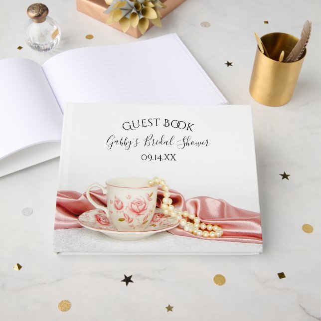 Pink Floral Tea Cup and Pearls Bridal Shower Guest Book (Front Open)