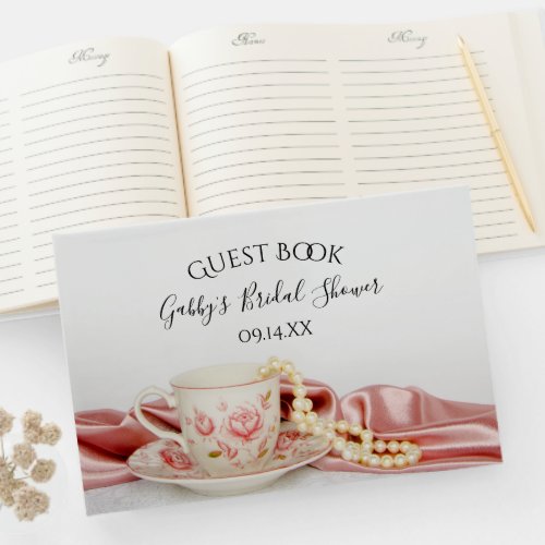 Pink Floral Tea Cup and Pearls Bridal Shower Guest Book