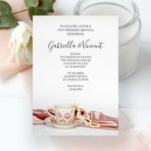 Pink Floral Tea Cup and Pearls Post Wedding Brunch Invitation