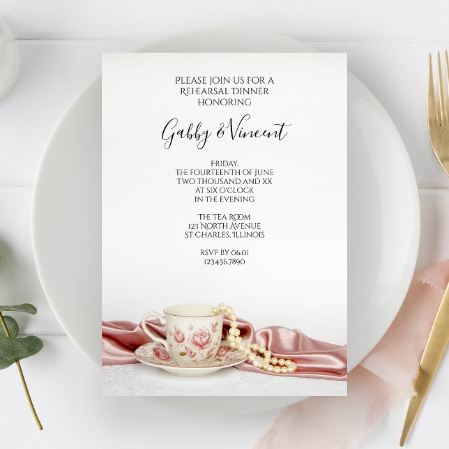 Pink Floral Tea Cup and Pearls Rehearsal Dinner Invitation (Creator Uploaded)