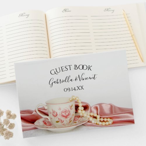 Pink Floral Tea Cup and Pearls Wedding Guest Book