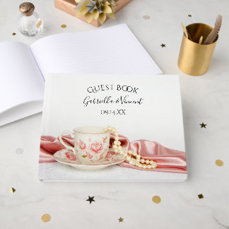 Pink Floral Tea Cup and Pearls Wedding Guest Book