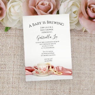 Pink Floral Tea Cup Baby Brewing Shower Invitation