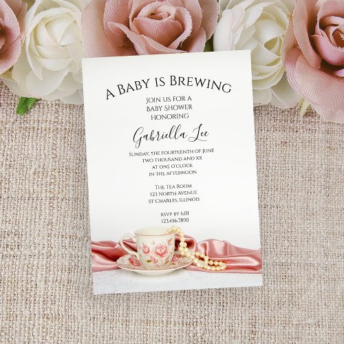 Pink Floral Tea Cup Baby Brewing Shower Invitation